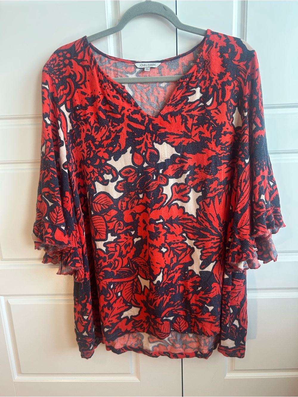 John Mark Red Floral V-Neck Ruffle Sleeve Women’s Top